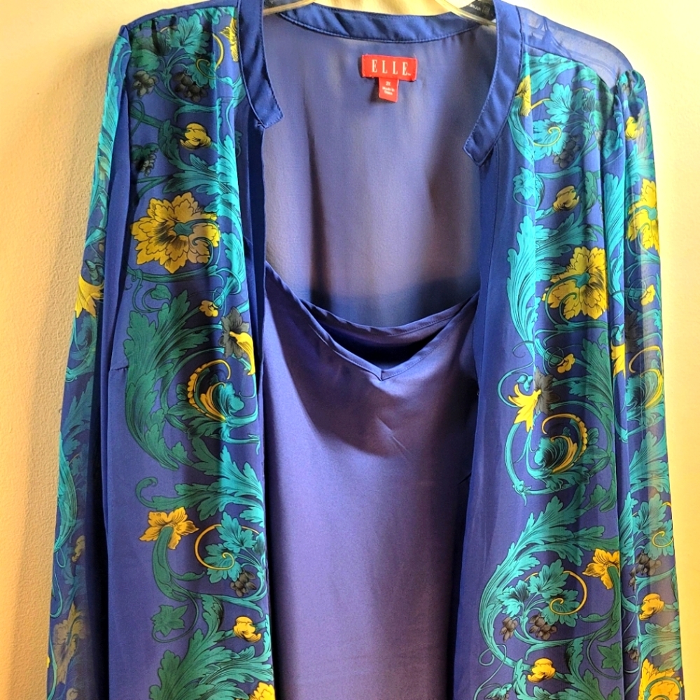 Elle Womens Blue Floral Colorful Sheer  Halter 2PC Set Size 2X NWT Bohemian Boho